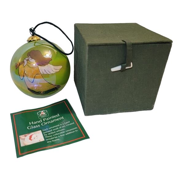 Christmas House Hand Painted Glass Ornament Green Angel Dove In Box - Picture 1 of 8